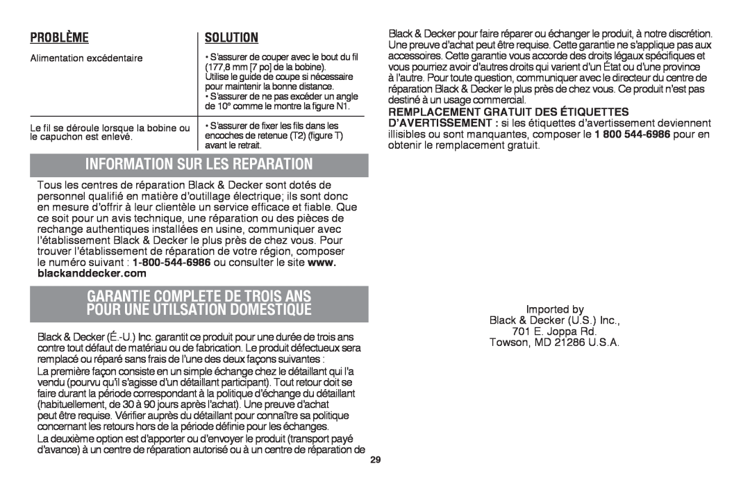 Black & Decker LST136 Information Sur Les Reparation, garantie complete de trois ans pour une utilsation domestique 